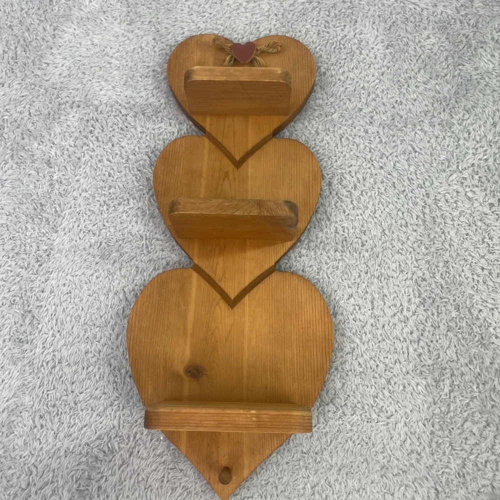 Vintage Unbranded Triple Heart Wall Shelf Brown Rustic Wood Country Farmhouse